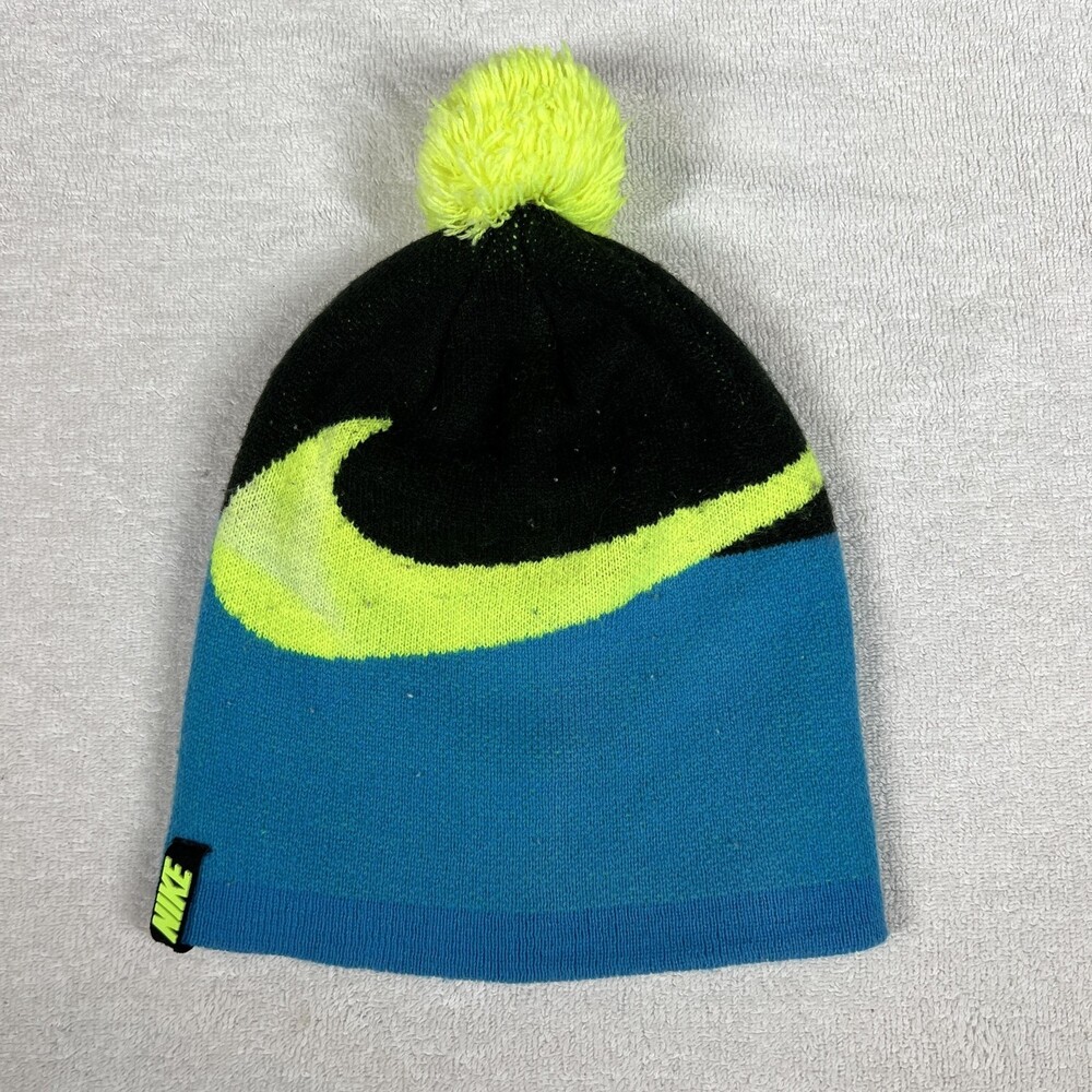 Nike Hat Beanie Pom Mens Black Blue Volt Swoosh Winter Knit Neon Warm Thermal